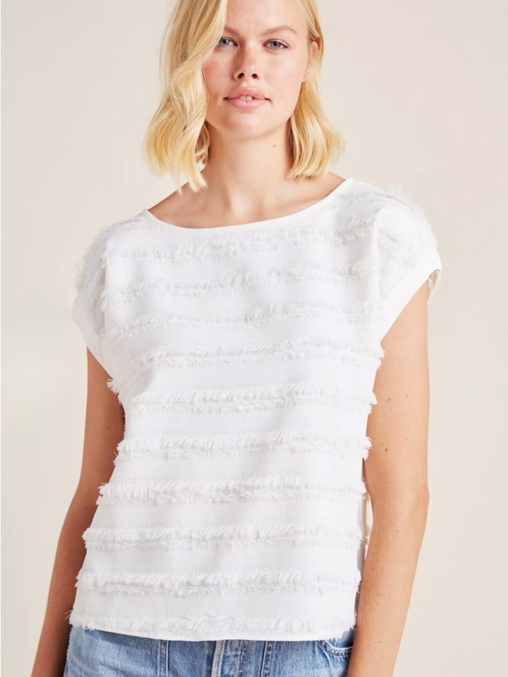 Anthropologie Maeve White Fringe-Striped Short Sleeve Top